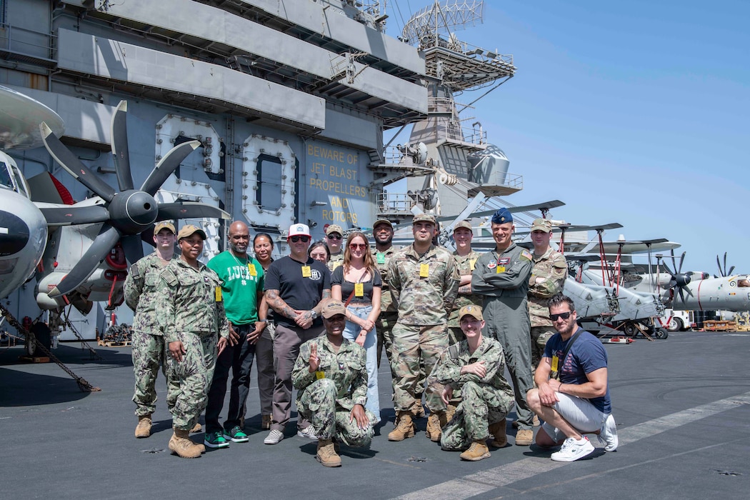 Sailors and civilians assigned to Naval Support Activity (NSA) Souda Bay, and Airmen assigned to Det 1, 95th Reconnaissance Squadron toured the Nimitz-class aircraft carrier USS Dwight D. Eisenhower (CVN 69) at the NATO Marathi Pier Complex in Souda Bay, Greece, during a scheduled port visit on June 27, 2024.