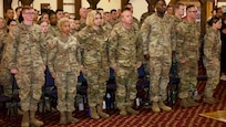 U.S. Soldiers with the Pennsylvania National Guard’s 213th Personnel Company, 213th Regional Support Group, and their families are recognized during a ceremony at the Keystone Conference Center in Fort Indiantown Gap, Pennsylvania, Aug. 4, 2024. The unit will deploy to the Middle East to support U.S. Central Command and Task Force Spartan in increasing regional security and stability in support of U.S. interests.