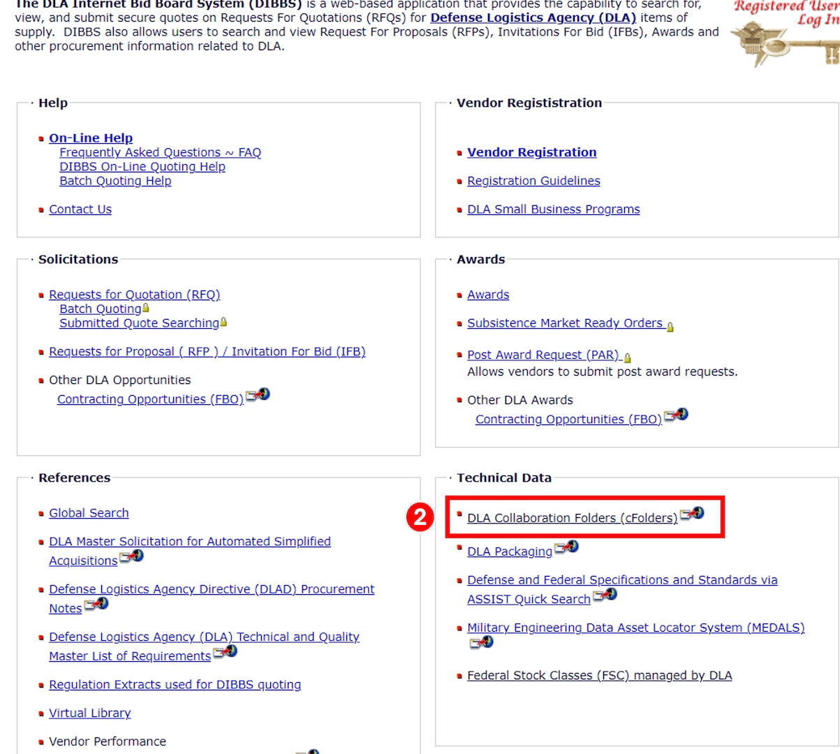 Access cFolders by clicking on the "DLA Collaboration Folders (cFolders)" link under the Technical Data section.
