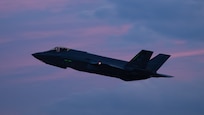 An F-35A Lightning II departs from the Vermont Air National Guard base during a routine night training mission