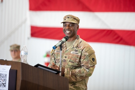 Incoming commander of 90th Troop Command, Oklahoma Army National Guard Col. Steven D. Cheadle, gives a speech during a change of command ceremony held at the Army Aviation Support Facility in Lexington, Oklahoma, Aug. 4, 2024. The changing of command signifies the transfer of responsibility from outgoing commander Col. Robert W. Walker, to the incoming commander, Cheadle. (Oklahoma National Guard photo by Spc. Brooklyn Clark)