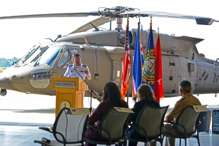 From left, Cabo Verde Chief of Defense Rear Adm. António Monteiro addresses Cabo Verde Minister of Defense Janine Lélis, U.S. Ambassador to Cabo Verde Jennifer Adams, Maj. Gen. David Mikolaities, the New Hampshire National Guard's adjutant general, and others attending a memorandum of understanding signing ceremony Aug. 2, 2024, at the Army Aviation Support Facility in Concord, N.H. The event commemorated Cabo Verde’s receipt of a Beechcraft King Air 360ER aircraft through the Department of Defense National Guard Bureau State Partnership Program.