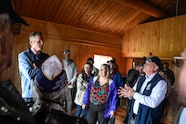 Verdie Bowen Sr., State of Alaska Veterans Affairs Director, talks with Governor of Alaska Mike Dunleavy prior to the open house ceremony of the future site of the Interior Alaska Veterans Cemetery, Salcha, Alaska, July 29, 2024.