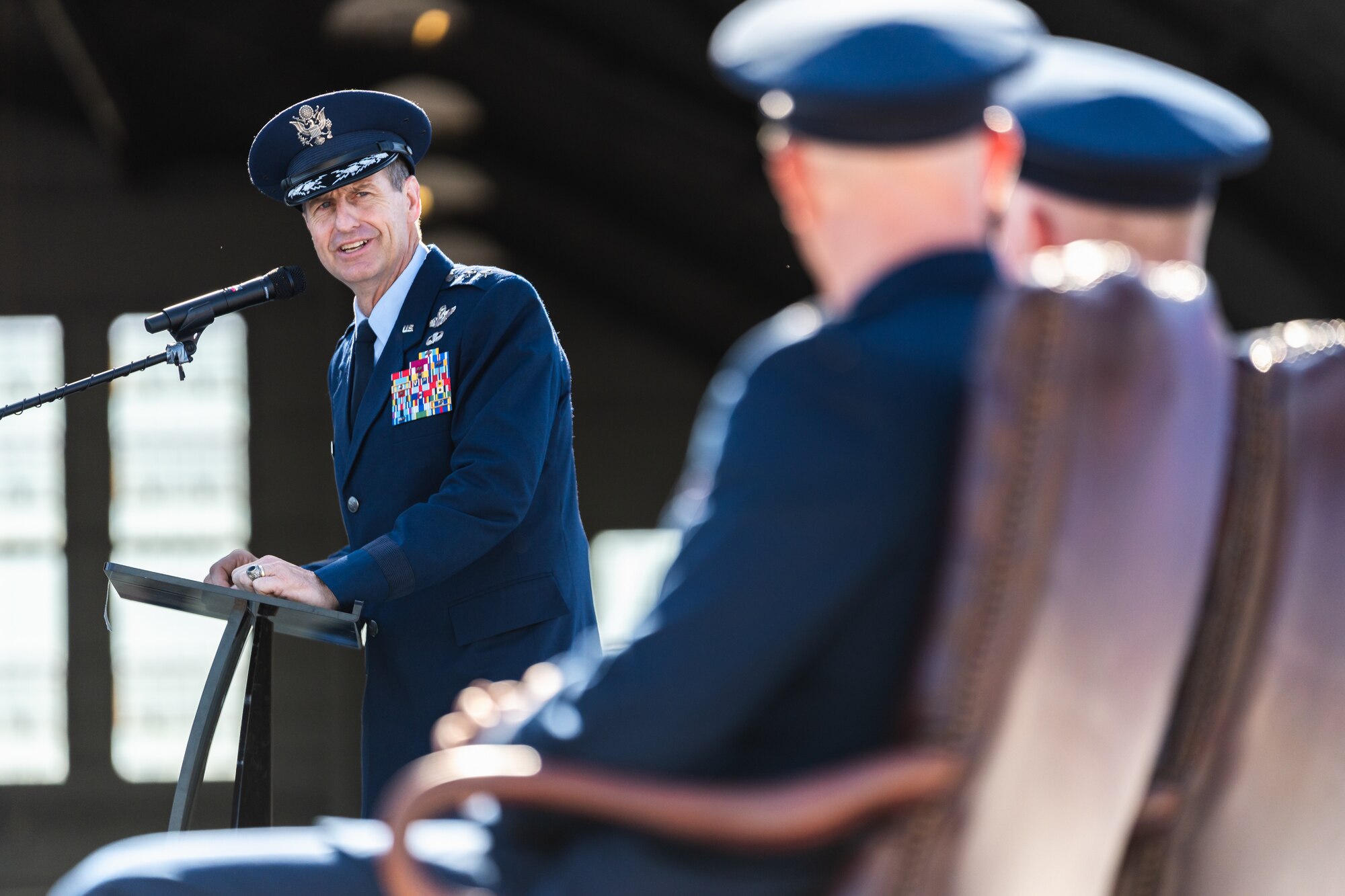 U.S. Air Force Maj. Gen. Corey Martin, 18th Air Force commander, speaks during the 6th Air Refueling Wing change of command ceremony at MacDill Air Force Base, Florida, Aug. 2, 2024.