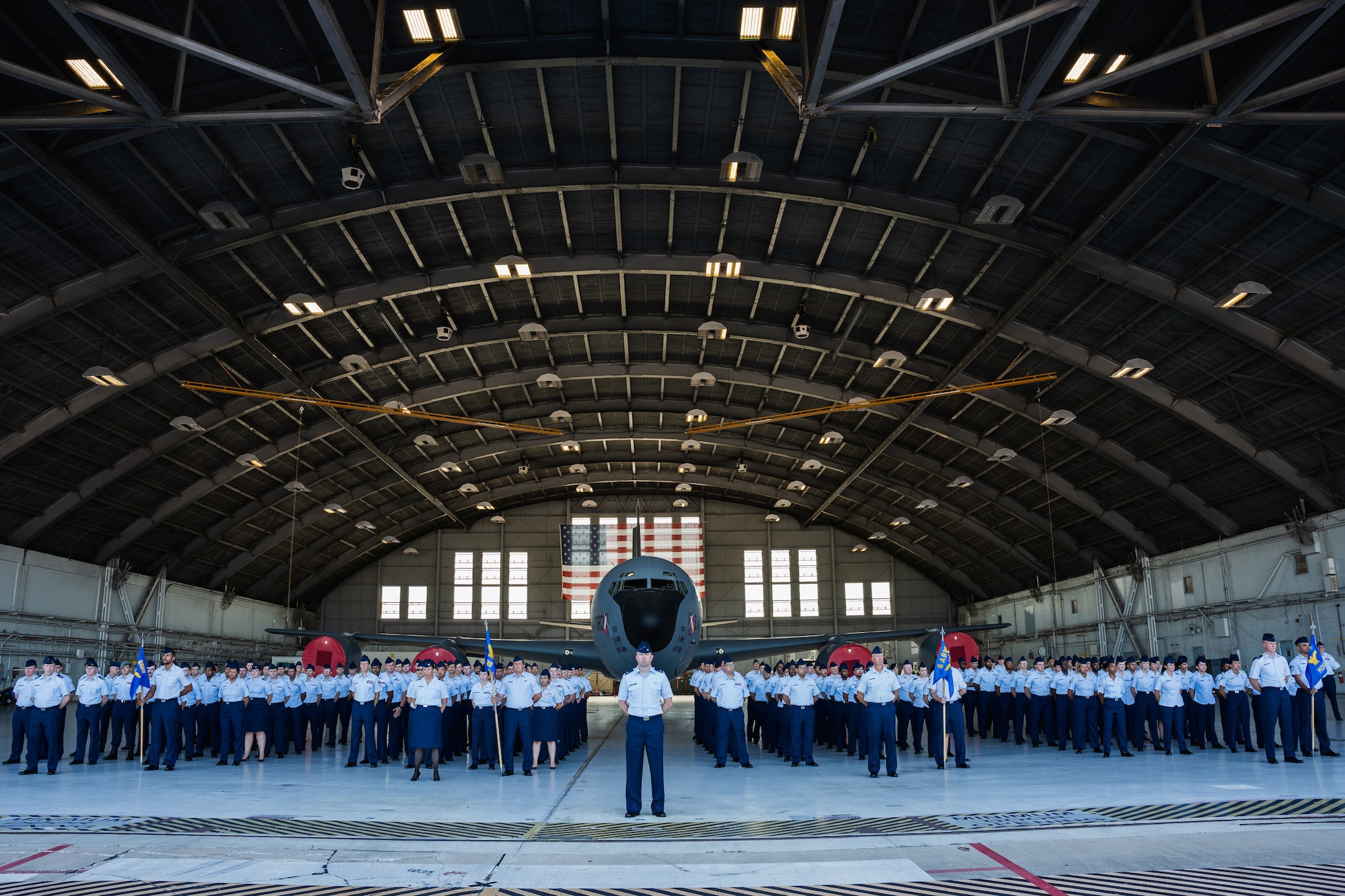 Airmen assigned to the 6th Air Refueling Wing stand in formation during a wing change of command ceremony at MacDill Air Force Base, Florida, Aug. 2, 2024.