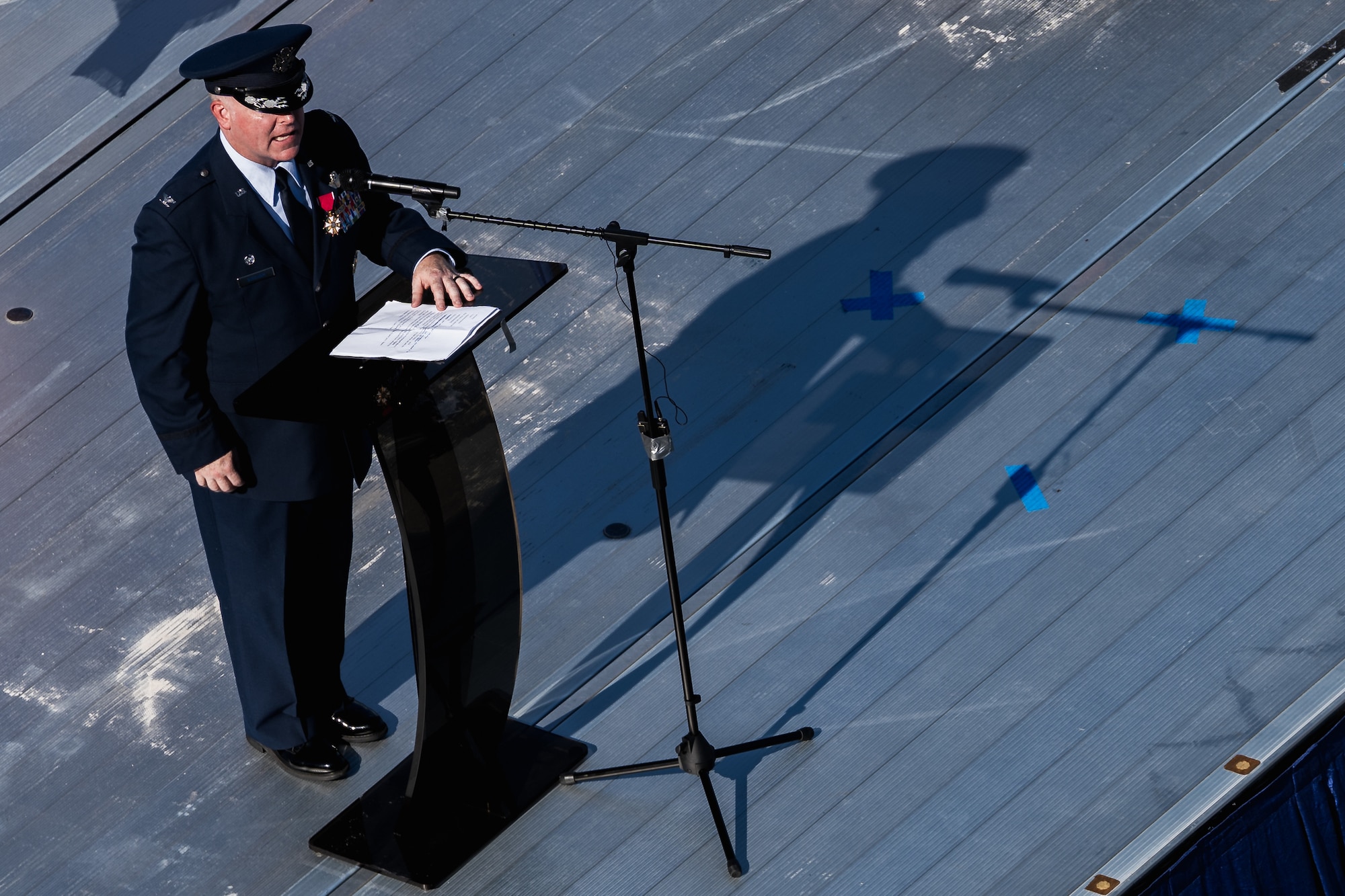 U.S. Air Force Col. Adam Bingham speaks during the 6th Air Refueling Wing change of command ceremony at MacDill Air Force Base, Florida, Aug. 2, 2024.