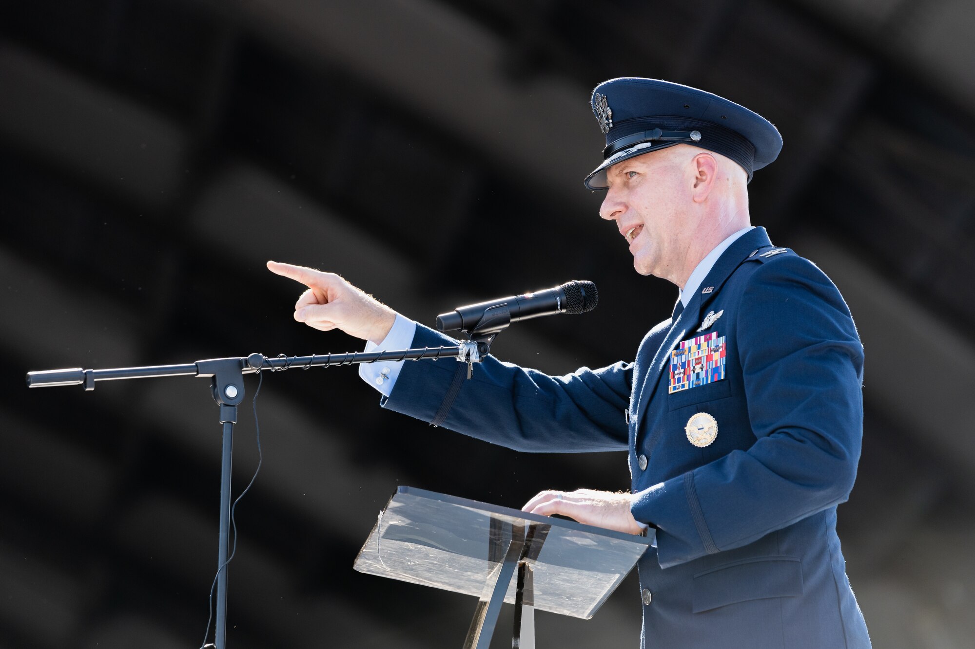 U.S. Air Force Col. Edward Szczepanik speaks during the 6th Air Refueling Wing change of command ceremony at MacDill Air Force Base, Florida, Aug. 2, 2024.