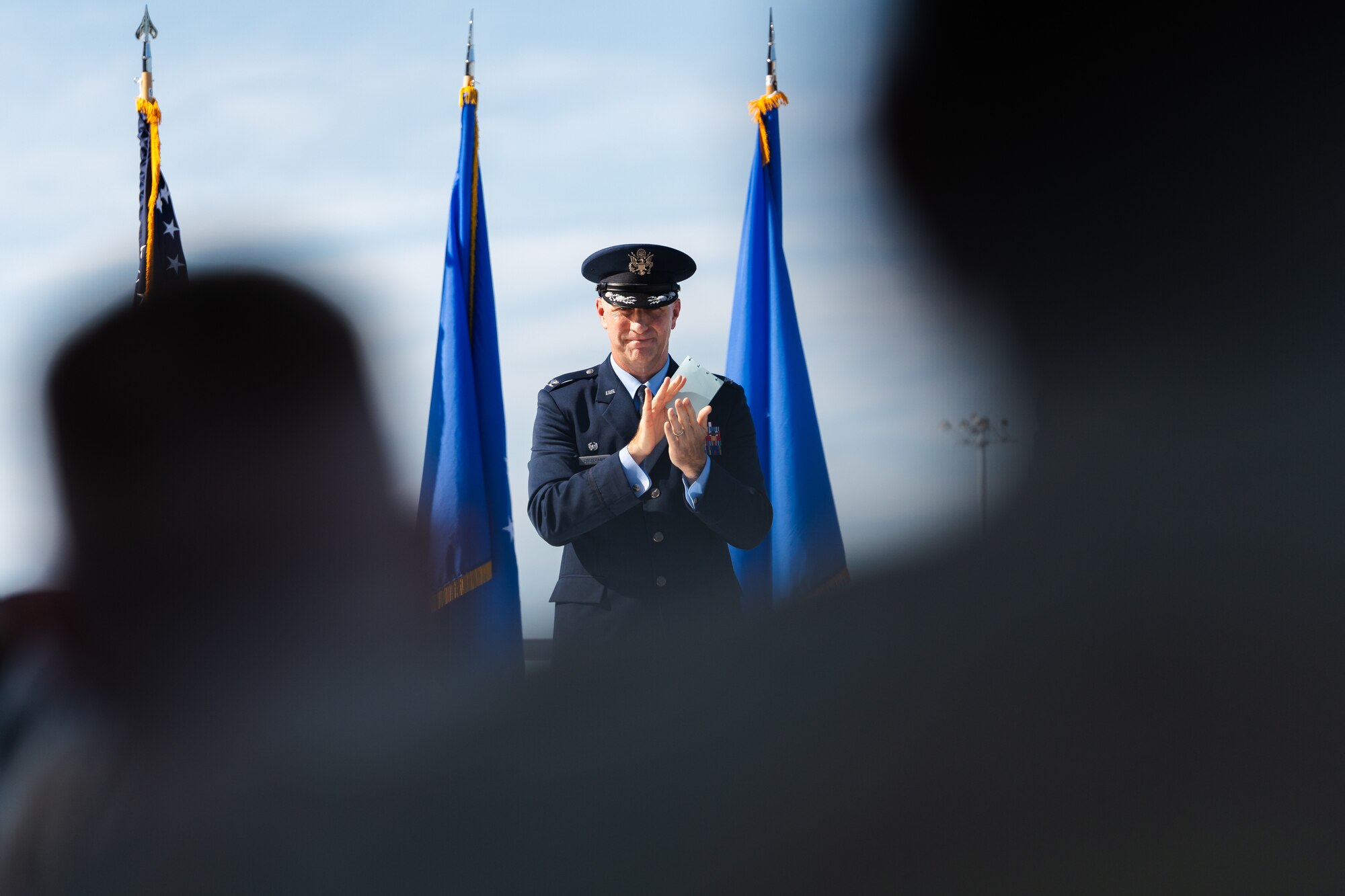 U.S. Air Force Col. Edward Szczepanik thanks members in attendance during the 6th Air Refueling Wing change of command ceremony at MacDill Air Force Base, Florida, Aug. 2, 2024.
