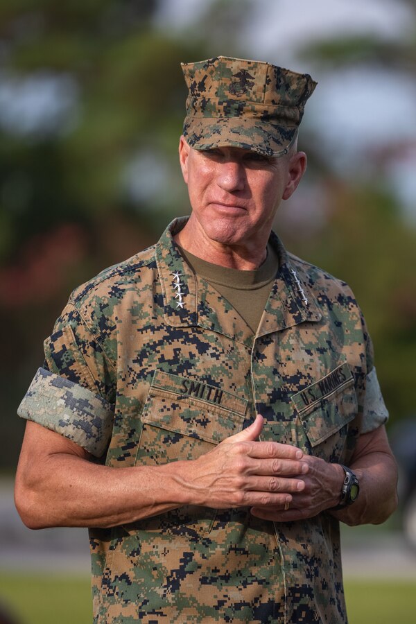 The 39th Commandant of the Marines Corps, Gen. Eric M. Smith, makes remarks during Lt. Gen. Calvert Worth’s promotion ceremony at Marine Corps Base Camp Lejeune, North Carolina, August 2, 2024. The promotion occurred before Worth assumed command of II MEF, relieving Lt. Gen. David Ottignon of his post. (U.S. Marine Corps photo by Sgt. Nathan Mitchell)