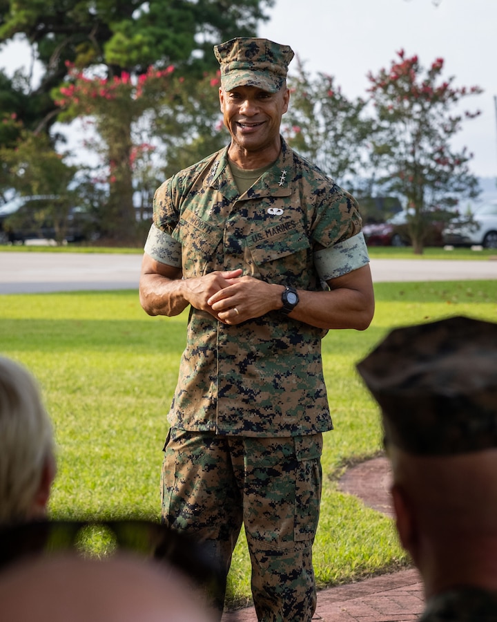 U.S. Marine Corps Lt. Gen. Calvert Worth, oncoming commanding general of II Marine Expeditionary Force, makes remarks during his promotion ceremony at Marine Corps Base Camp Lejeune, North Carolina, August 2, 2024. The promotion occurred before Worth assumed command of II MEF, relieving Lt. Gen. David Ottignon of his post. (U.S. Marine Corps photo by Sgt. Nathan Mitchell)