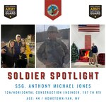 soldier spotlight
SSG. Anthony Michael Jones
12N/Horizontal Construction Engineer, 197th RTI
age: 44 / Hometown: Van, WV