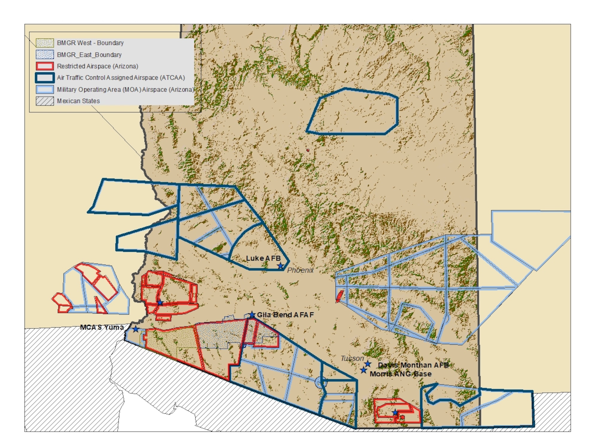 A map of airspace utilized by the 56th Fighter Wing at Luke Air Force Base, Arizona. Different military special use airspaces are outlined in different colors.