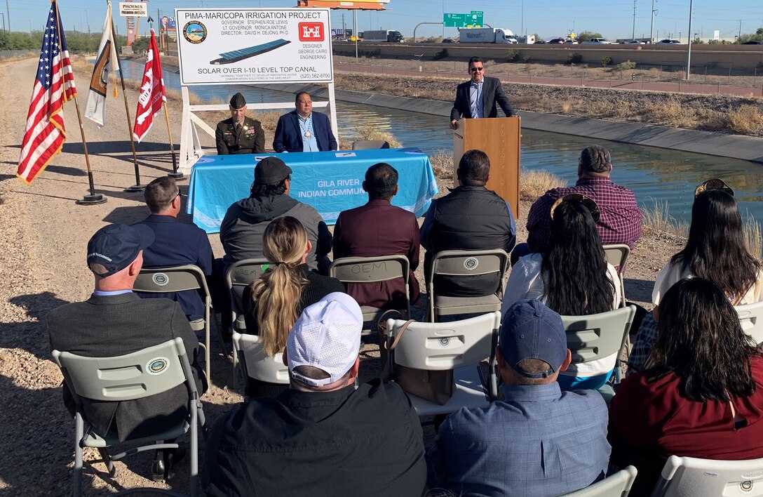 Michael Connor, assistant secretary of the Army for Civil Works, at the lectern, joins the Gila River Indian Community and the U.S. Army Corps of Engineers to commemorate a project partnership agreement signing during a ceremony Nov. 9, 2023, at the Gila River Indian Reservation in Arizona. This project is scheduled to be the first solar-over-canal project constructed in the U.S.