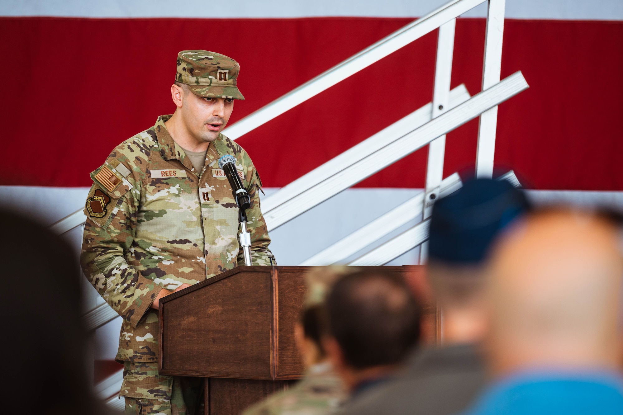 U.S. Air Force Capt. Justin Rees, 13th Combat Air Base Squadron director of operations, speaks at the beginning of the 13th CABS assumption of command ceremony, Aug. 5, 2024, at Luke Air Force Base, Arizona.