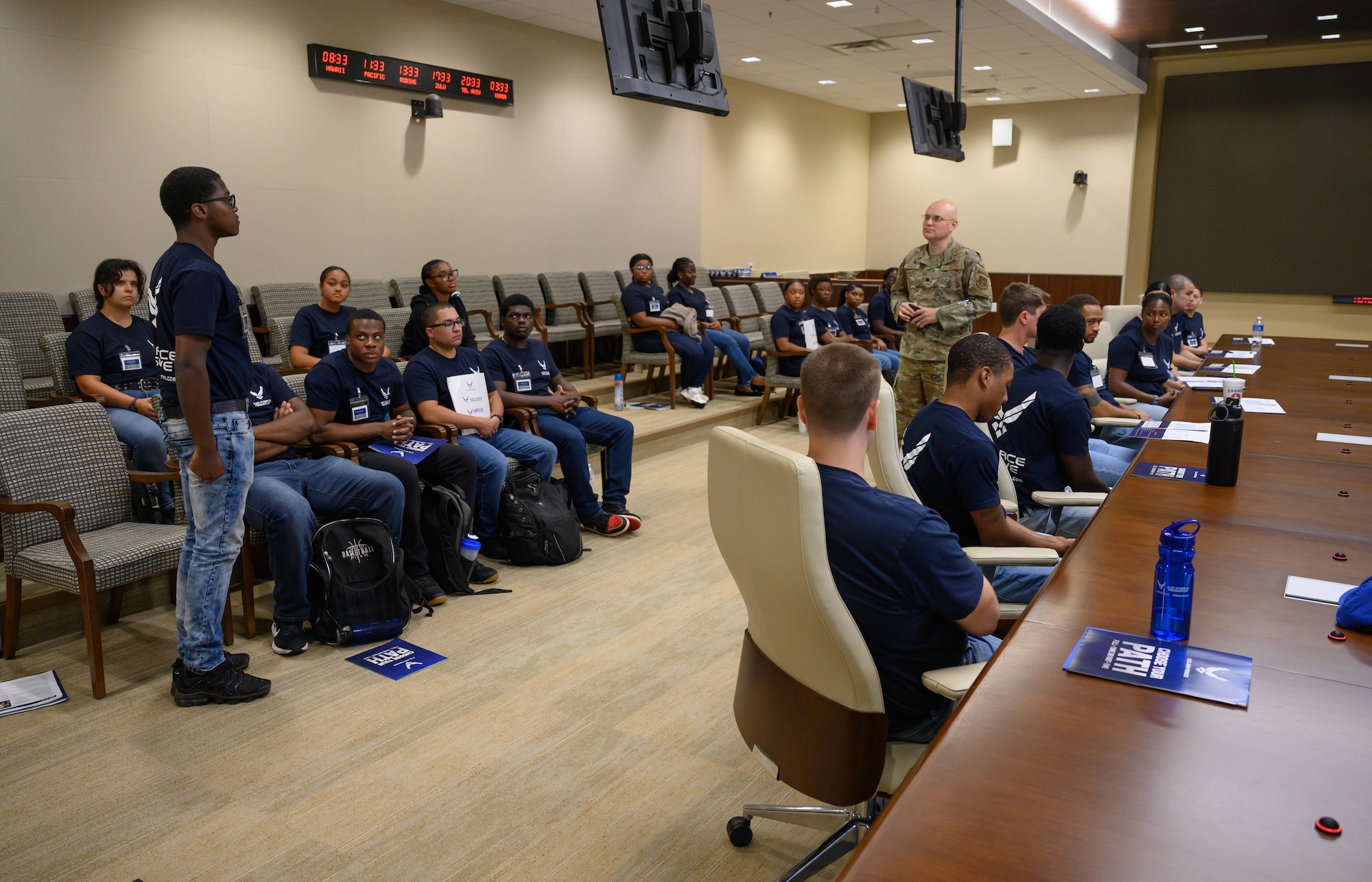 Lt. Col. Jon Quinlan, deputy commander, 367th Recruiting Group, Air Force Reserve Command, engages with a Development and Training Flight trainee during his unit training assembly weekend immersion tour of AFRC, Robins Air Force Base, Ga. Aug. 3, 2024