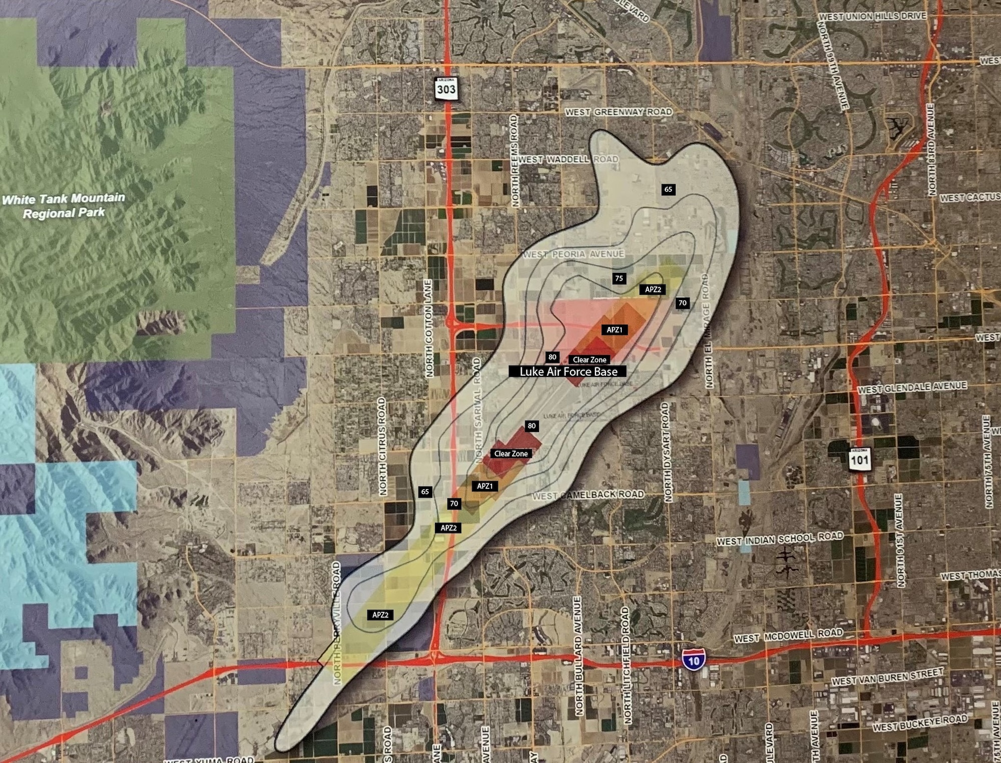 A map of Luke Air Force Base, Arizona, and its noise contours. The map has multiple levels of contours marked symbolizing noise intensity in the area surrounding Luke Air Force Base.
