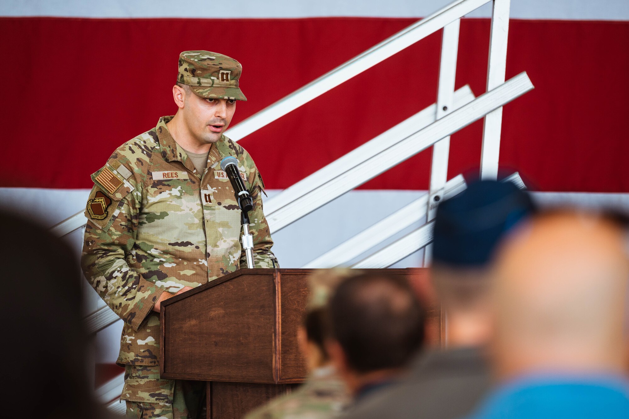 U.S. Air Force Capt. Justin Rees, 13th Combat Air Base Squadron director of operations, speaks at the beginning of the 13th CABS assumption of command ceremony, Aug. 5, 2024, at Luke Air Force Base, Arizona.