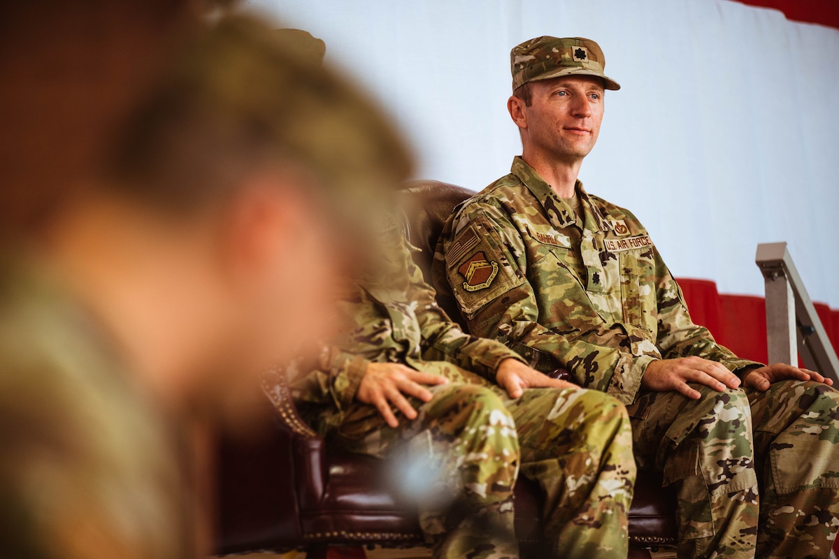 U.S. Air Force Lt. Col. Chris Bahrij, incoming 13th Combat Air Base Squadron commander, looks out at the crowd during the 13th CABS assumption of command ceremony, Aug. 5, 2024, at Luke Air Force Base, Arizona.