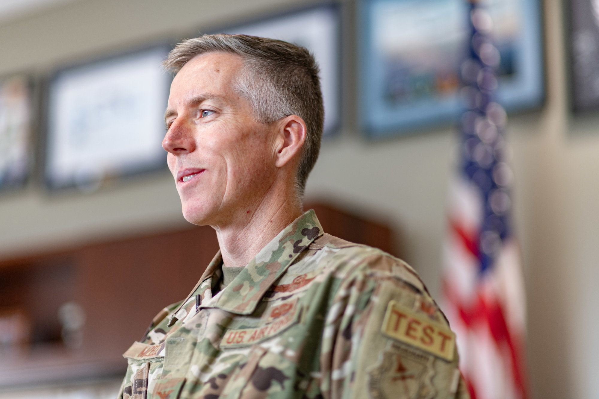 Arnold Engineering Development Complex Commander Col. Grant Mizell discusses his thoughts on and his goals for AEDC during an interview, July 19, 2024, in his office at Arnold Air Force Base, Tenn., headquarters of AEDC. Mizell became the 33rd AEDC commander on June 13, 2024, during a ceremony at Arnold AFB. Prior to assuming command of AEDC, Mizell served as deputy commander of the Air Force Test Center at Edwards Air Force Base, Calif. (U.S. Air Force photo by Keith Thornburgh)