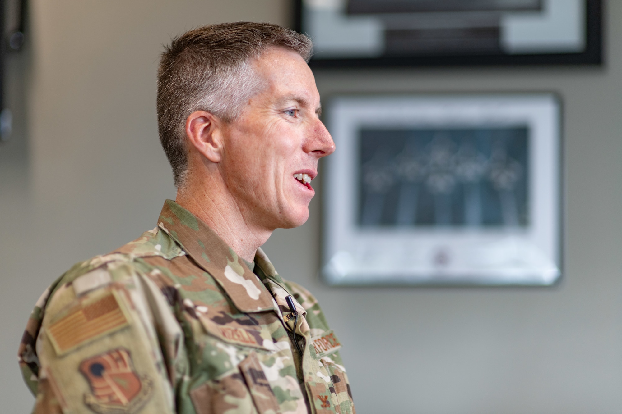 Arnold Engineering Development Complex Commander Col. Grant Mizell discusses his thoughts on and his goals for AEDC during an interview, July 19, 2024, in his office at Arnold Air Force Base, Tenn., headquarters of AEDC. Mizell became the 33rd AEDC commander on June 13, 2024, during a ceremony at Arnold AFB. Prior to assuming command of AEDC, Mizell served as deputy commander of the Air Force Test Center at Edwards Air Force Base, Calif. (U.S. Air Force photo by Keith Thornburgh)