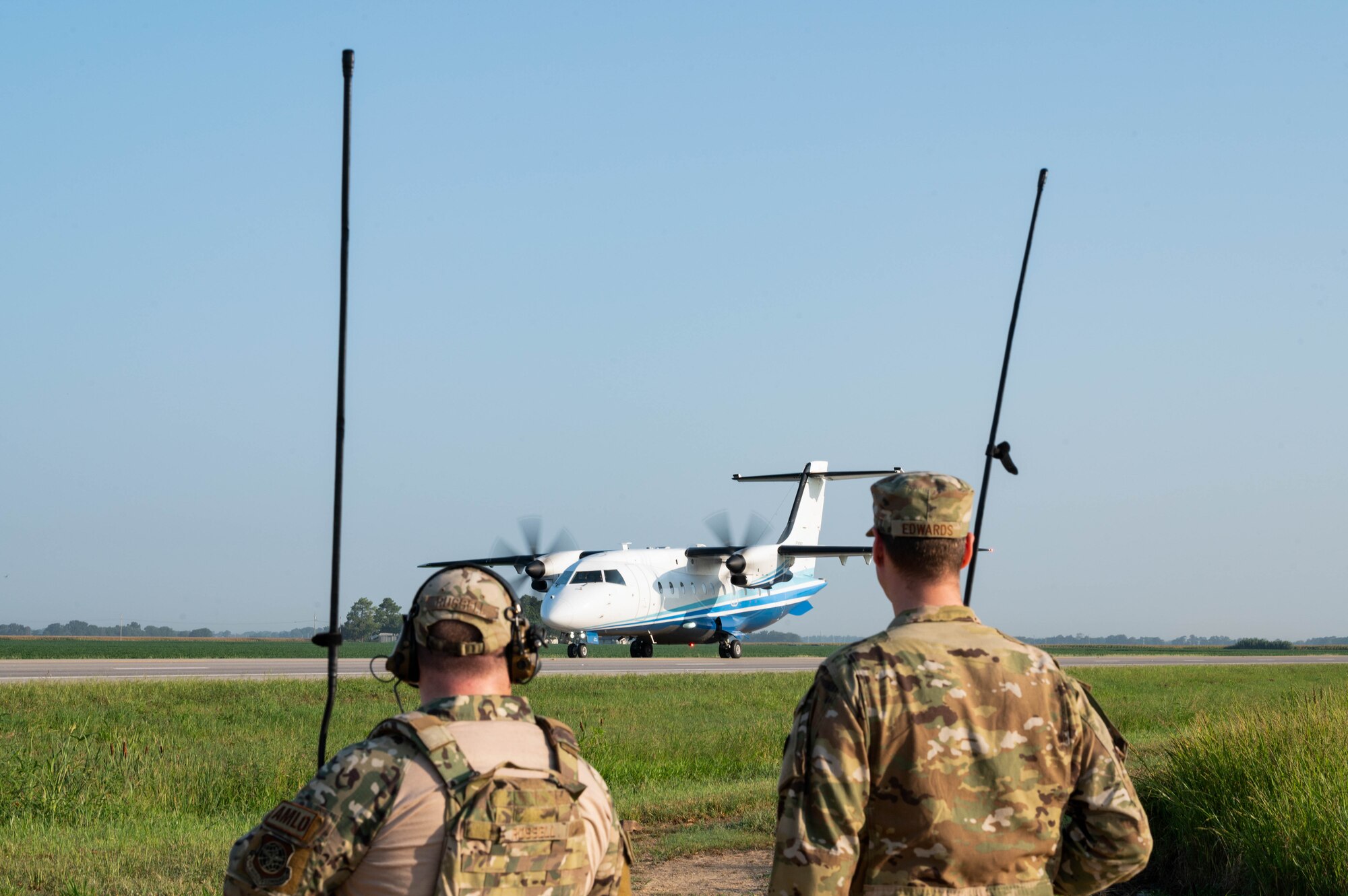 A U.S. Air Force C-146A Wolfhound, assigned to the 492d Special Operations Wing, taxies on Highway 63 during Emerald Warrior 24 FTX II in Bono, Arkansas, August 4, 2024.