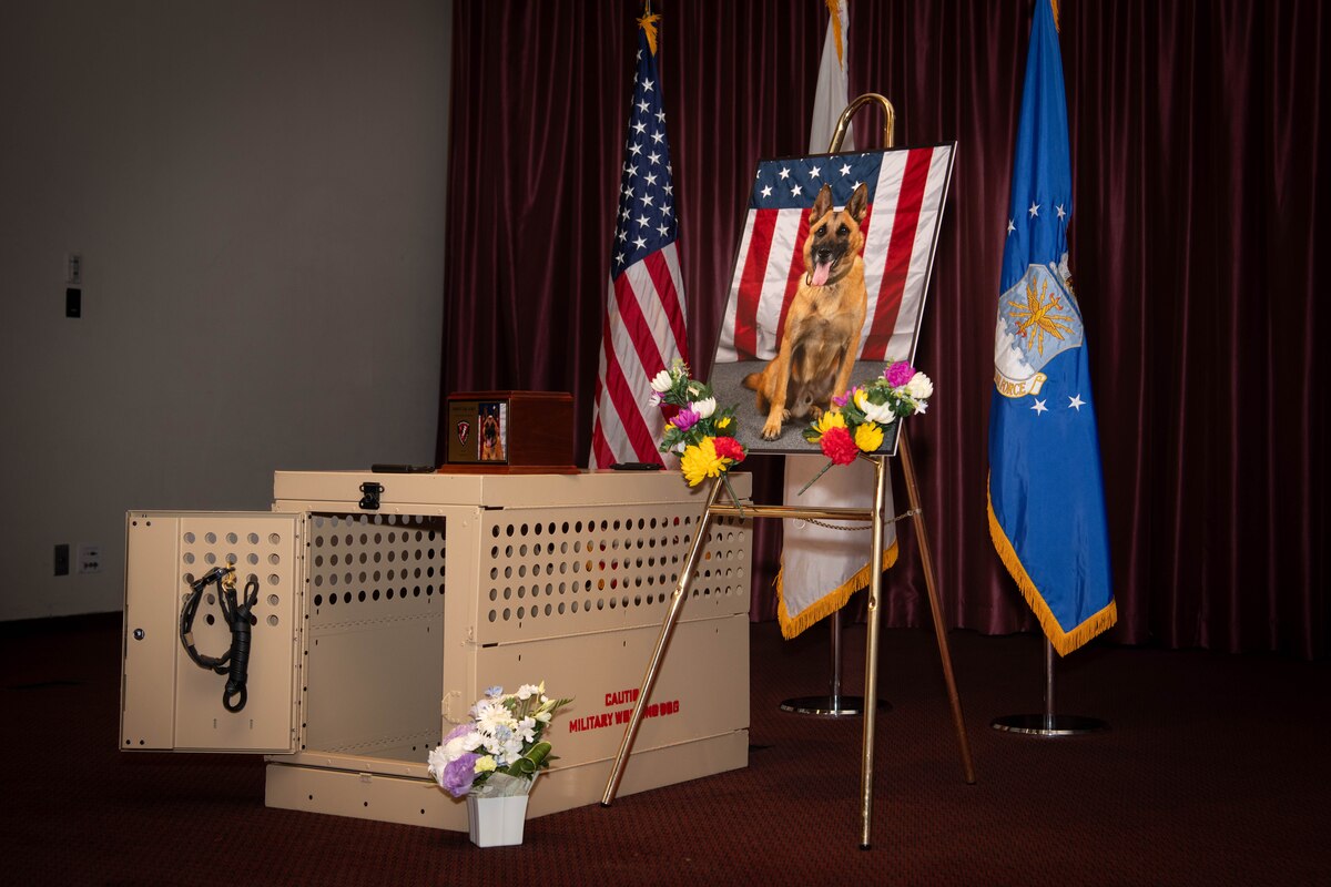 A memorial for Tek, 374th Security Forces Squadron military working dog, is displayed during his memorial service.