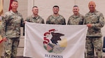 Brig. Gen. Justin Osberg presented the Soldiers of Logistics Advisor Team 6620 with an Illinois State Flag to carry on the team's deployment to Africa. Pictured from left on Aug. 4, 2024, is State Command Sgt. Maj. Phillip Barber, Logistics Advisor Chief Warrant Officer 2 Christopher Fitch, Team Leader Maj. Walter Brown, Osberg, and State Command Chief Warrant Officer Chief Warrant Officer 5 Tom Black.