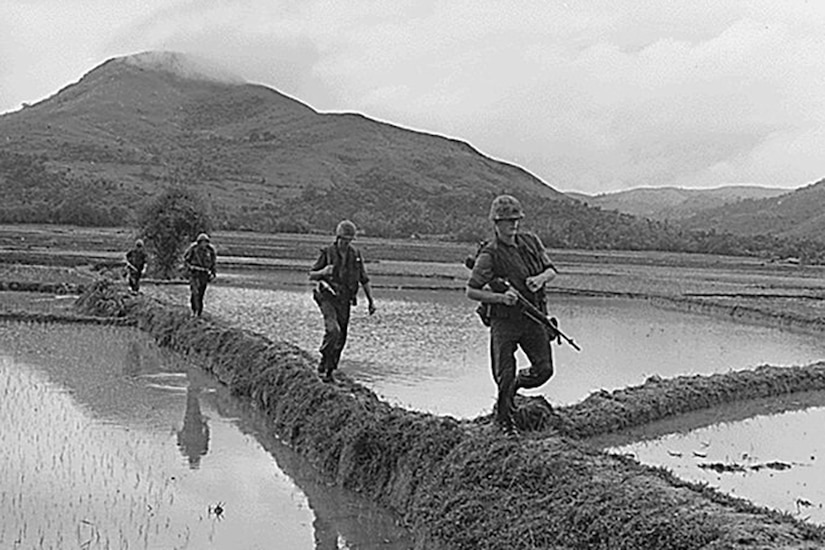 Four service members walk along a path in a large rice paddy.