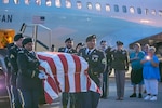 honor guard soldiers unloading a flag-draped casket from a plane with a ground of family looking on.