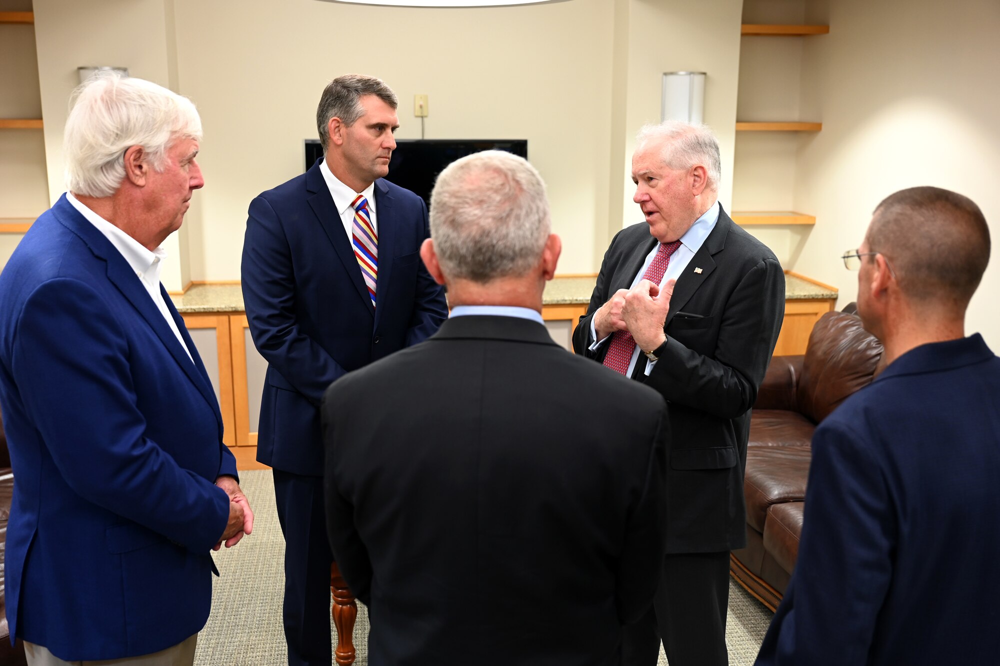 Secretary of the Air Force Frank Kendall, second from right, speaks with key members of the Sumter community during a visit to Shaw Air Force Base, S.C., July 30, 2024. The Sumter and Shaw communities share a close partnership, apparent in Sumter’s claim to ‘Uncommon Patriotism’. (U.S. Air Force photo by Staff Sgt. Kelsey Owen)