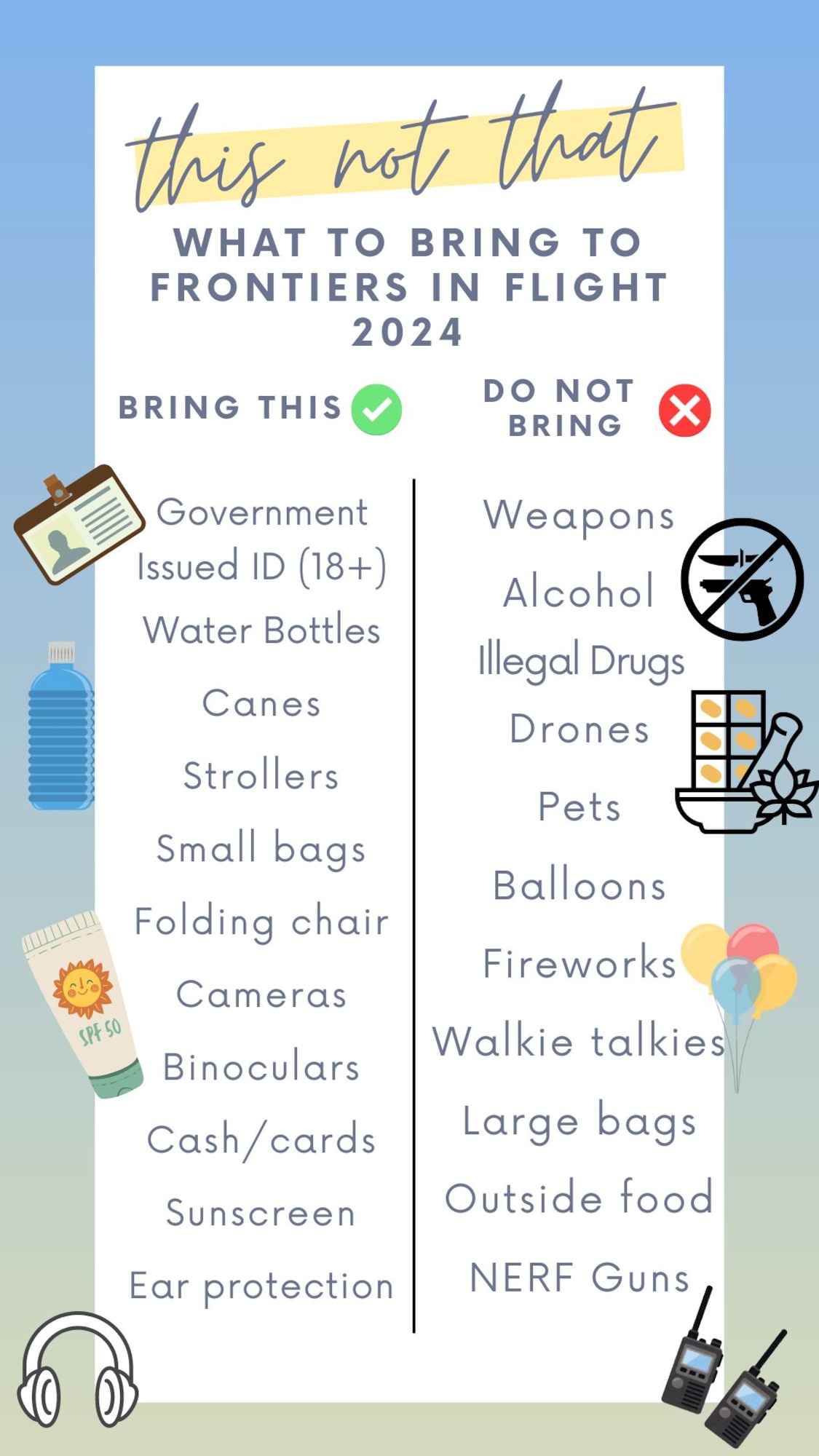 A graphic showing what to bring and what not to bring to Frontiers in Flight Airshow, McConnell Air Force Base, Kansas, Aug.24-25, 2024. (U.S. Air Force graphic by Senior Airman Felicia Przydzial)