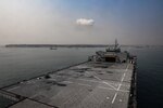 LUANDA, Angola (August 6, 2024) The expeditionary sea base USS Hershel "Woody" Williams (ESB 4) prepares to pull into Luanda, Angola, August 6, 2024. Hershel "Woody" Williams is on a scheduled deployment in the U.S. Naval Forces Europe and Africa area of operations, employed by U.S. Sixth Fleet to defend U.S., Allied and partner interests. (U.S. Navy photo by Mass Communication Specialist 1st Class Ridge Leoni)