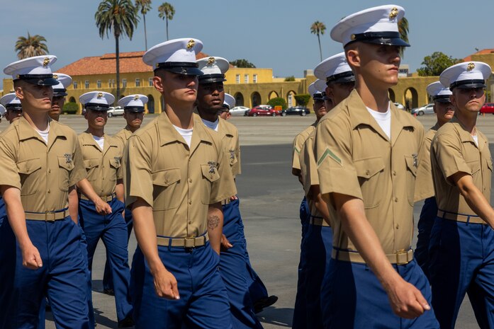 U.S. Marines with Hotel Company, 2nd Recruit Training Battalion, march in formation during a graduation ceremony at Marine Corps Recruit Depot San Diego, California, Aug. 2, 2024. Graduation took place at the completion of the 13-week transformation process, which included training for drill, marksmanship, basic combat skills, and Marine Corps customs and traditions. (U.S. Marine Corps photo by Lance Cpl. Jacob B. Hutchinson)