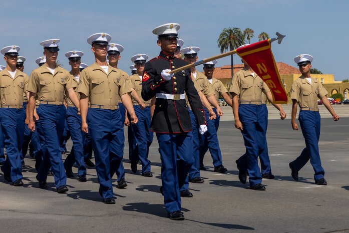 U.S. Marines with Hotel Company, 2nd Recruit Training Battalion, march in formation during a graduation ceremony at Marine Corps Recruit Depot San Diego, California, Aug. 2, 2024. Graduation took place at the completion of the 13-week transformation process, which included training for drill, marksmanship, basic combat skills, and Marine Corps customs and traditions. (U.S. Marine Corps photo by Lance Cpl. Jacob B. Hutchinson)