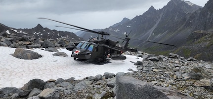 An Alaska Army National Guard HH-60M Black Hawk helicopter from G Company, 2-211th General Support Aviation Battalion, lands in Hatcher Pass after spotting a missing hiker during a rescue mission Aug. 6, 2024.