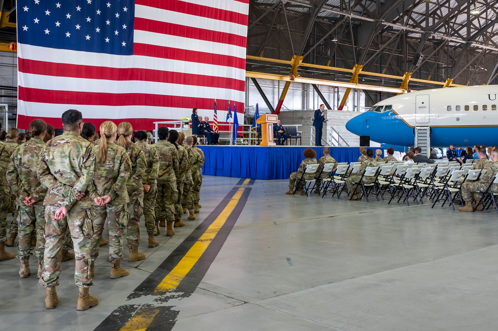 During the 932nd Airlift Wing August unit training assembly, Col. Christopher Spinelli, outgoing 932nd Medical group commander, relinquished command to Col. Robert Garner, incoming 932nd MDG commander. Col. Jeffery Smith, 932nd AW commander, presented Garner with the 932nd MDG guidon during the Change of Command ceremony held Aug. 3rd, 2024 at Hangar 1, Scott Air Force Base, Illinois. (U.S. Air Force Photo by SSgt Brooke Spenner)