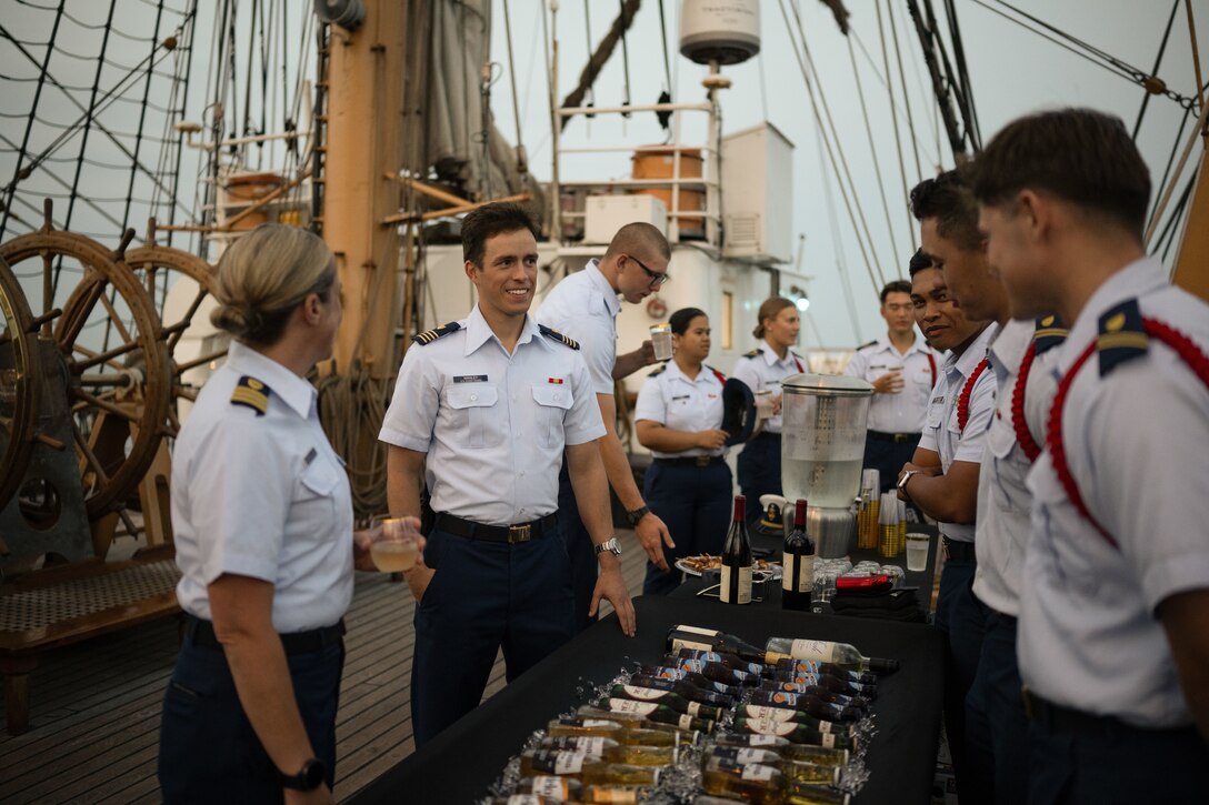 U.S. Coast Guard Cutter Eagle (WIX 327) holds a reception to celebrate Rockland, Maine, recertifying as an official Coast Guard City, in Rockland, Aug. 3, 2024. Eagle’s command, crew and Coast Guard Academy cadets hosted members from the Coast Guard’s First District, Sector Northern New England, Station Rockland, Rockland officials, and community members while the ship was anchored in Rockland Harbor.