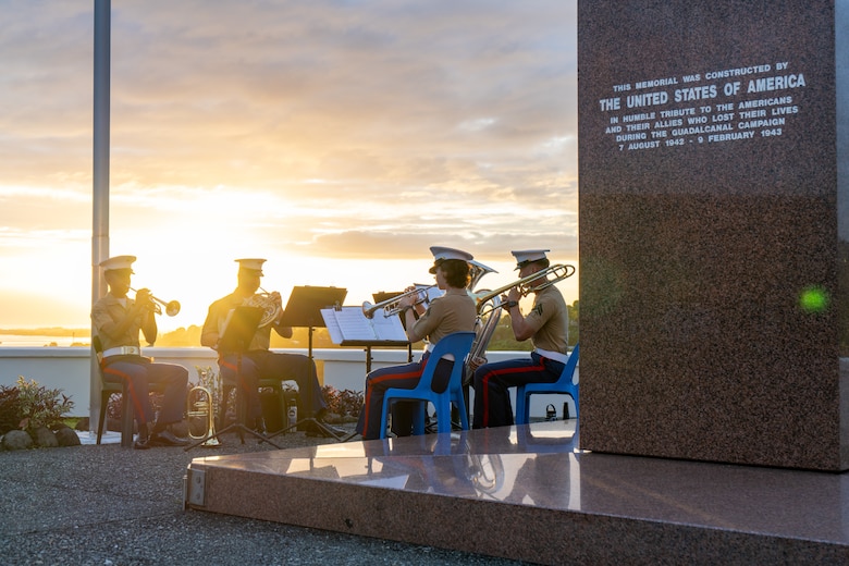 U.S. Marines with the U.S. Marine Corps Forces, Pacific band perform during the 82nd Anniversary of the Battle of Guadalcanal Ceremony at the Guadalcanal American Memorial in Honiara, Solomon Islands, Aug. 7, 2024. The ceremony commemorated the 82nd anniversary of the battle, and served to honor the fallen and strengthen the U.S. relationship with the Solomon Islands and other Pacific allies and partners. The historic battle was codenamed Operation Watchtower and was the first major offensive and decisive victory for the allied forces in the Pacific theater. (U.S. Marine Corps photo by Gunnery Sgt. Kassie McDole)