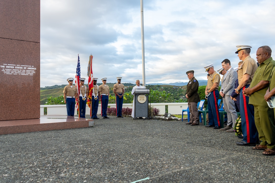 Archbishop Christopher Cardone gives the opening prayer during the 82nd Anniversary of the Battle of Guadalcanal Ceremony at the Guadalcanal American Memorial in Honiara, Solomon Islands, Aug. 7, 2024. The ceremony commemorated the 82nd anniversary of the battle, and served to honor the fallen and strengthen the U.S. relationship with the Solomon Islands and other Pacific allies and partners. The historic battle was codenamed Operation Watchtower and was the first major offensive and decisive victory for the allied forces in the Pacific theater. (U.S. Marine Corps photo by Gunnery Sgt. Kassie McDole)
