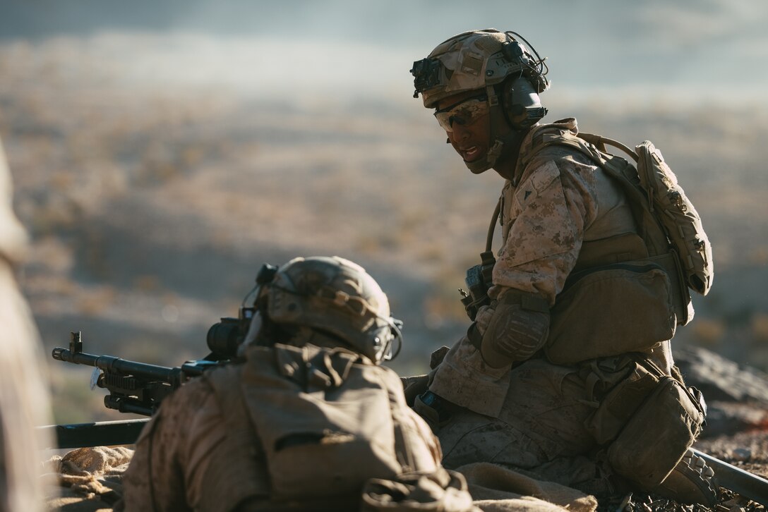 U.S. Marine Corps Lance Cpl. Hernan Ramirez, a Mount Airy, North Carolina native and rifleman with 1st Battalion, 2d Marine Regiment, 2d Marine Division, takes part in a company live-fire event on range 400 as part of Service Level Training Exercise (SLTE) 5-24 at Marine Corps Air-Ground Combat Center, Twentynine Palms, California, July 28, 2024. The purpose of SLTE 5-24 is to create a challenging, realistic training environment that produces combat-ready forces capable of operating as an integrated Marine Air Ground Task Force. (U.S. Marine Corps photo by Cpl. Alexis Sanchez)