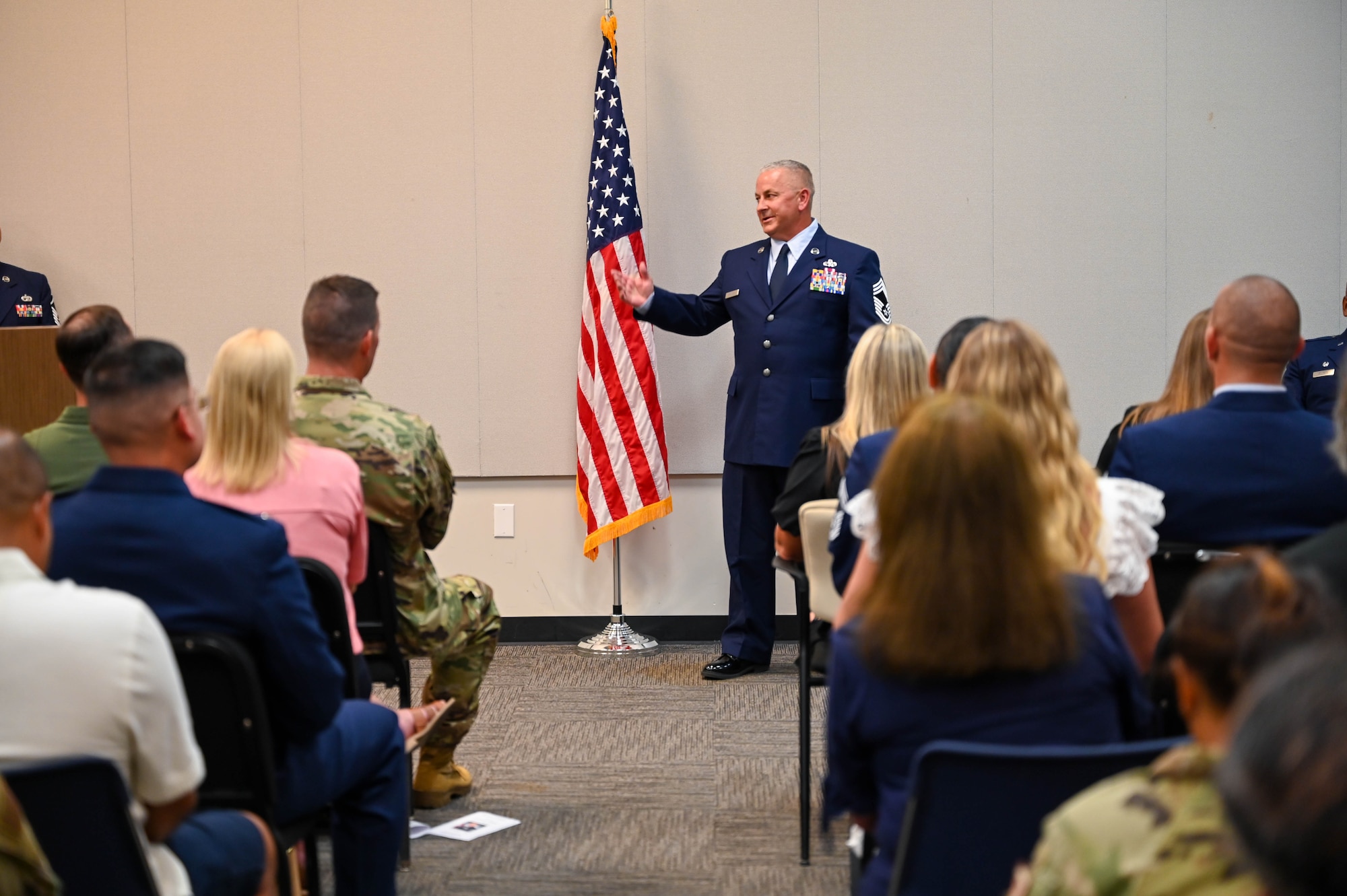 Chief Master Sergeant Kevin D. Brannan gave remarks to the audience during his promotion ceremony on August 3, 2024 at U.S. Naval Air Station Joint Reserve Base Fort Worth, Texas. Brannan serves as the Senior Air Reserve Technician and Aerial Port Manager for the 73rd Aerial Port Squadron.