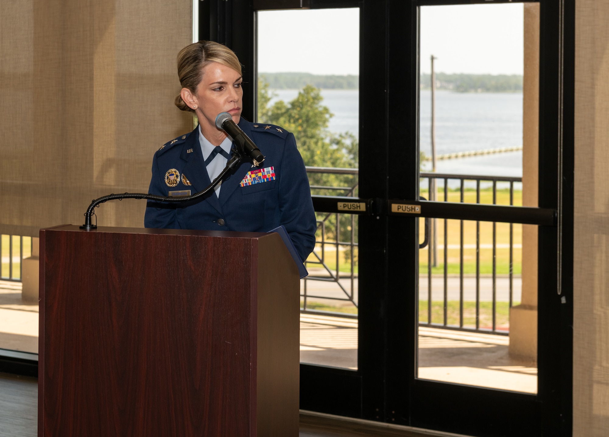 U.S. Air Force Maj. Gen. Michele Edmondson, Second Air Force, outgoing commander, delivers remarks during the Second Air Force change of command ceremony inside the Bay Breeze Event Center at Keesler Air Force Base, Mississippi, Aug 2, 2024.