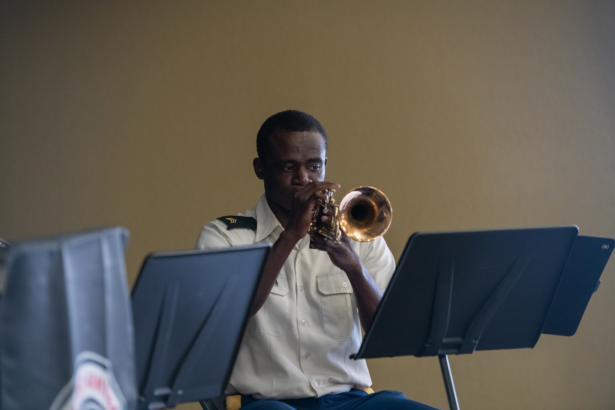 The Mississippi Army National Guard, 41st Army Band, plays music during the Second Air Force change of command ceremony inside the Bay Breeze Event Center at Keesler Air Force Base, Mississippi, Aug 2, 2024.