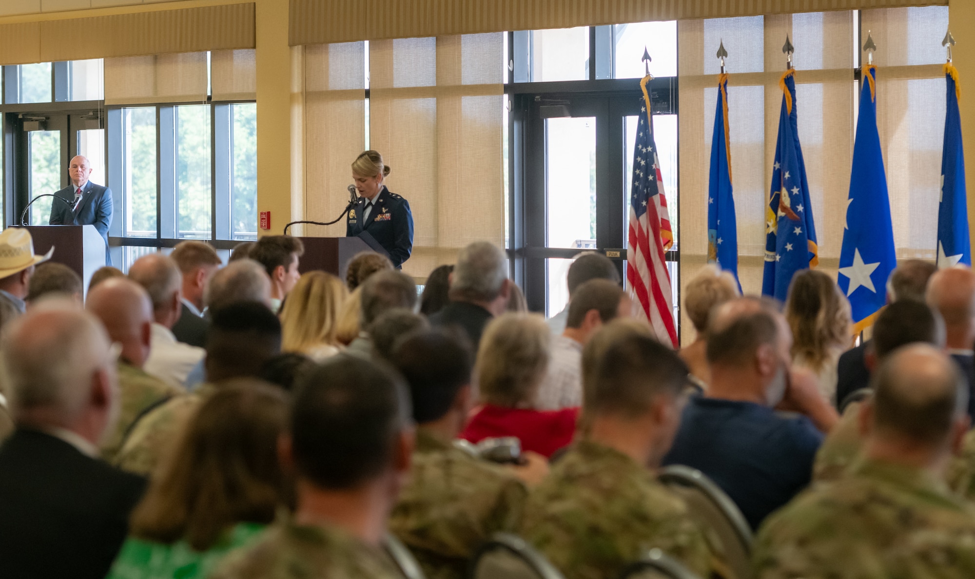 U.S. Air Force Maj. Gen. Michele Edmondson, Second Air Force outgoing commander, delivers remarks during the Second Air Force change of command ceremony inside the Bay Breeze Event Center at Keesler Air Force Base, Mississippi, Aug 2, 2024.