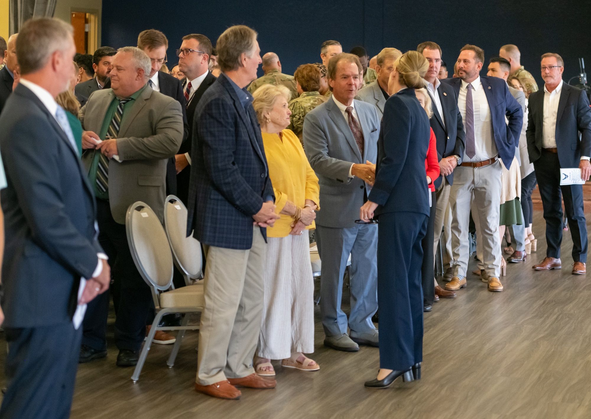 U.S. Air Force Maj. Gen. Michele Edmondson, Second Air Force outgoing commander, greets guest at the Second Air Force change of command ceremony inside the Bay Breeze Event Center at Keesler Air Force Base, Mississippi, Aug 2, 2024.