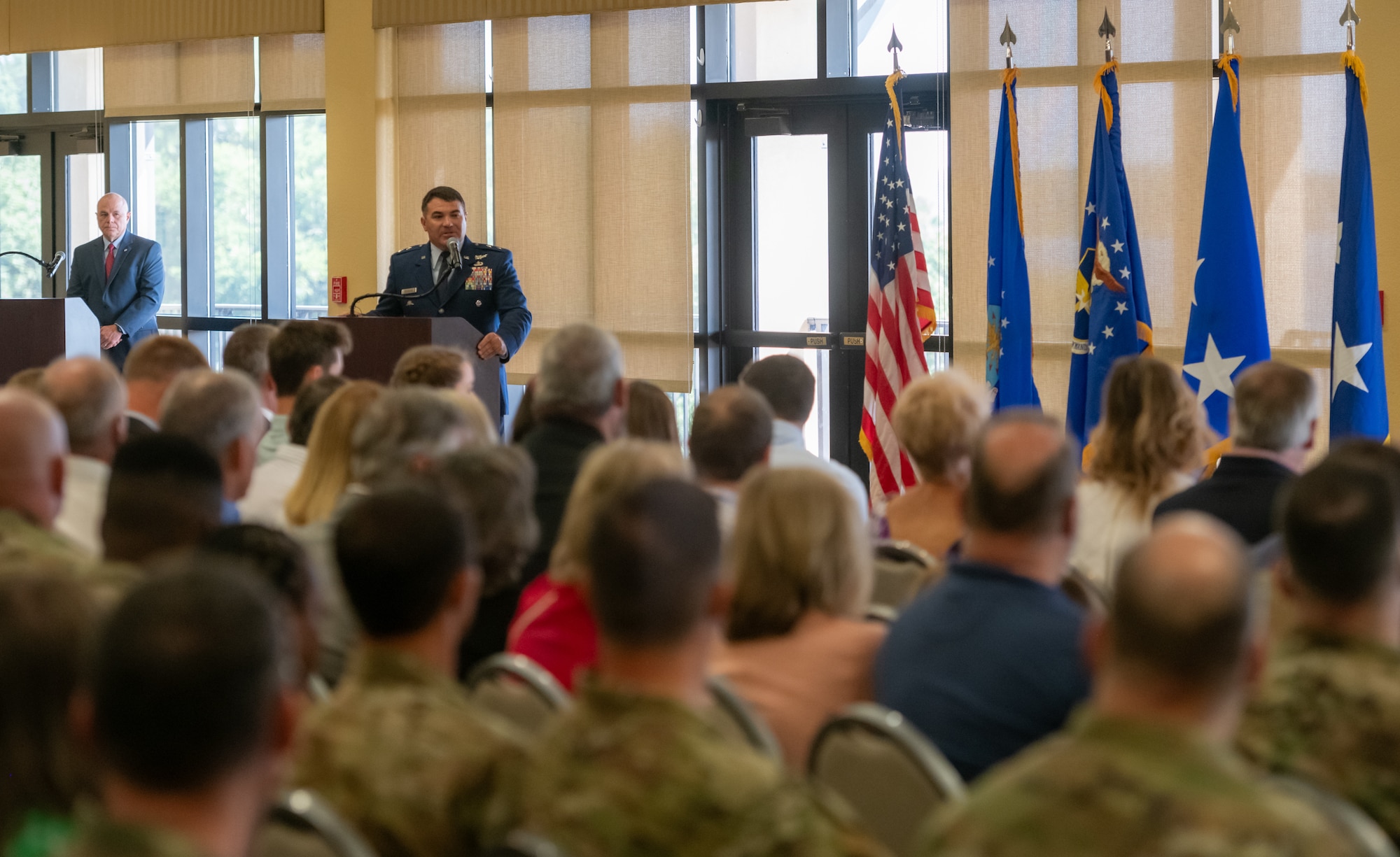 U.S. Air Force Maj. Gen. Matthew Wolfe Davidson, Second Air Force commander, delivers remarks during the Second Air Force change of command ceremony inside the Bay Breeze Event Center at Keesler Air Force Base, Mississippi, Aug 2, 2024.