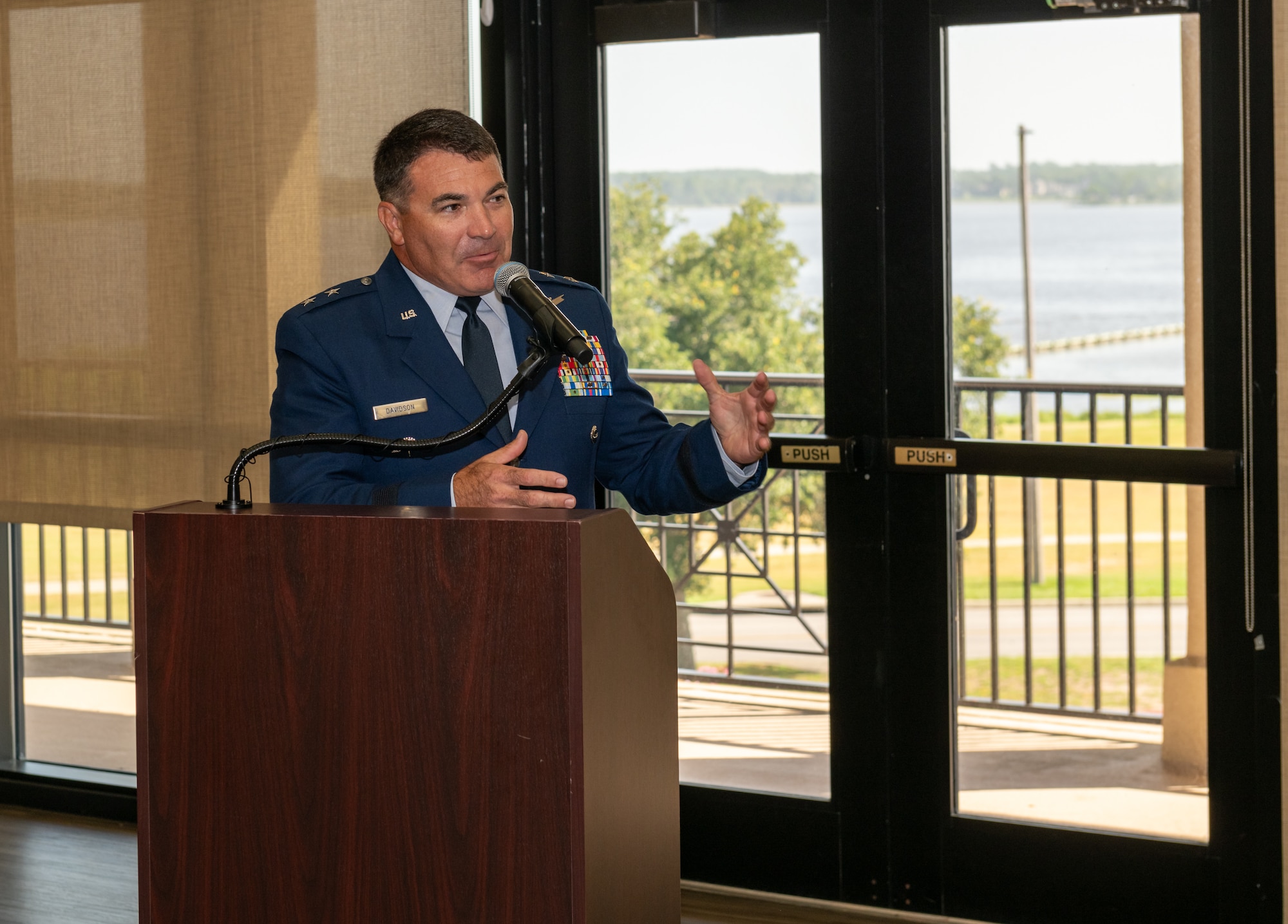 U.S. Air Force Maj. Gen. Matthew Davidson, Second Air Force commander, delivers remarks during the Second Air Force change of command ceremony inside the Bay Breeze Event Center at Keesler Air Force Base, Mississippi, Aug 2, 2024.