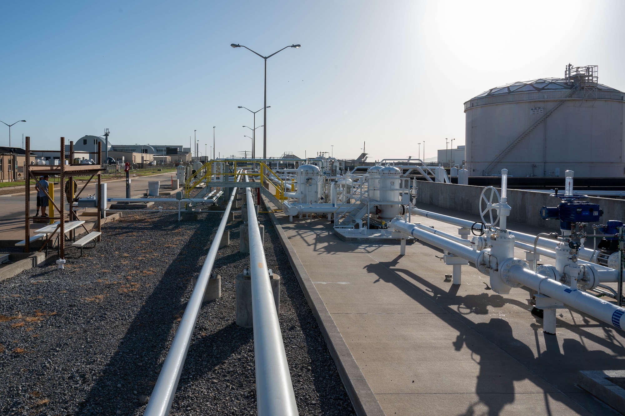 A photo of the base pipeline at Altus Air Force Base, Oklahoma, July 2, 2024. The pipeline provides access to more than 630 thousand gallons of jet fuel per week. (U.S. Air Force photo by Airman 1st Class Heidi Bucins)
