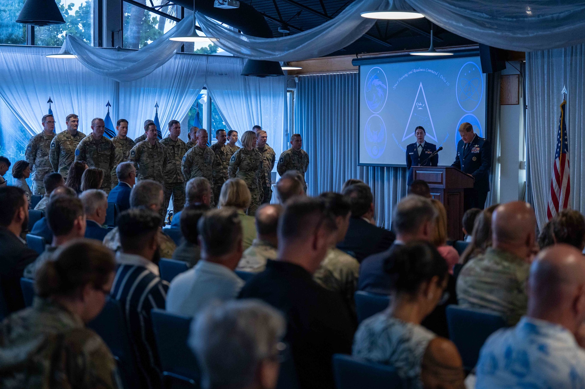U.S. Space Force Col. Jack D. Fulmer II, outgoing Space Delta 10 commander, delivers remarks during the Delta 10 change of command at Patrick Space Force Base, Florida, Aug. 7, 2024.