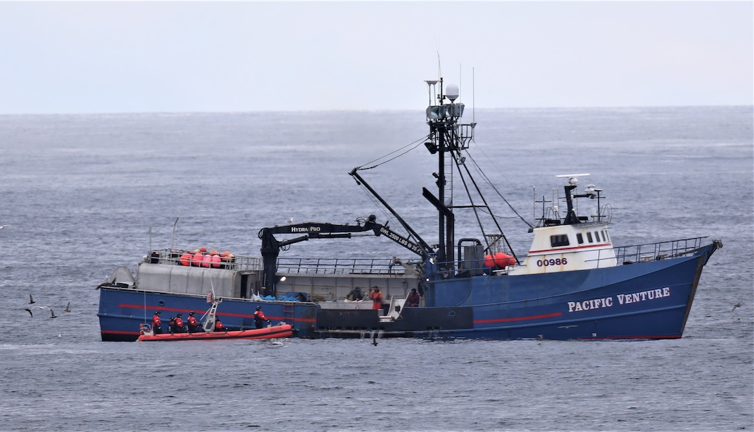 A U.S. Coast Guard Cutter Kimball (WMSL 756) law enforcement team pulls alongside the F/V Pacific Venture prior to conducting a living marine resource boarding in the Bering Sea, June 1, 2024. Kimball’s crew ensured fishing vessels in the Bering Sea were within compliance of all federal fishery conservation laws and safety requirements through the completion of twenty living marine resources boardings during their 122-day patrol of the region. U.S. Coast Guard photo by Ensign James Bongard.